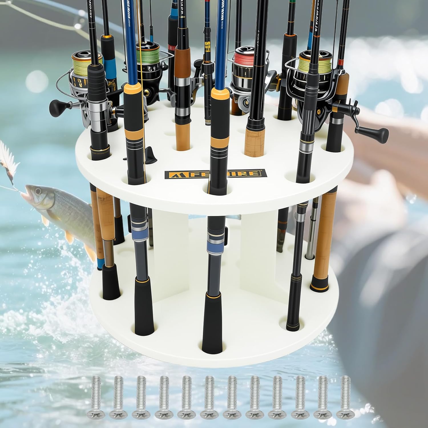 HDPE Fishing Rod Holder Rack for 12 Rods, Rotating Pole Storage Organizer with Smooth Silent Turntable & Wide Spacing for Large Reels, Heavy-Duty Rod Storage for Garage, Deck & Dock Mount
