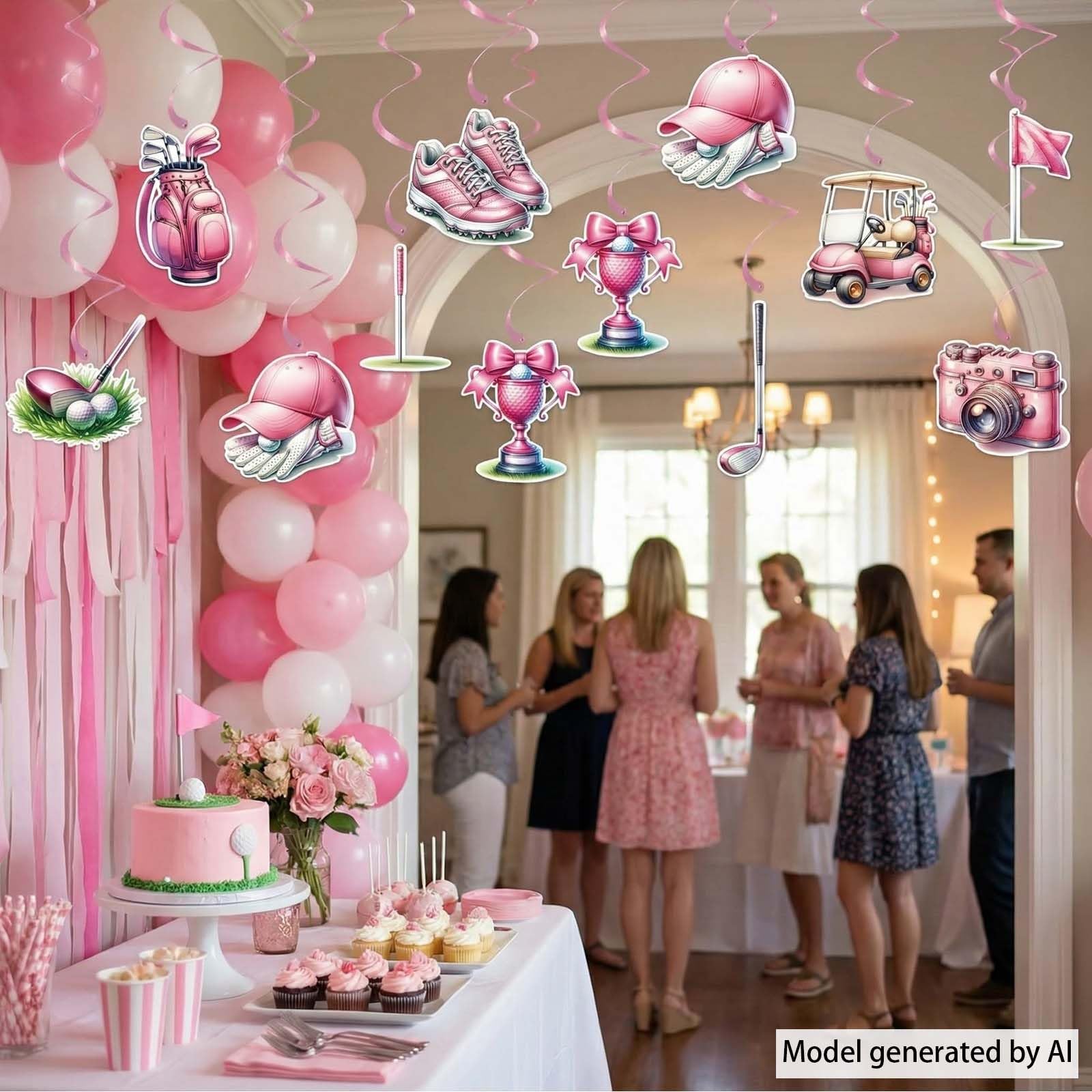 Różowe wiszące dekoracje golfowe, motyw golfa, zawijasy sufitowe dla kobiet i dziewcząt, urodziny, baby shower, wieczór panieński i artykuły na wieczór panieński, 9 szt