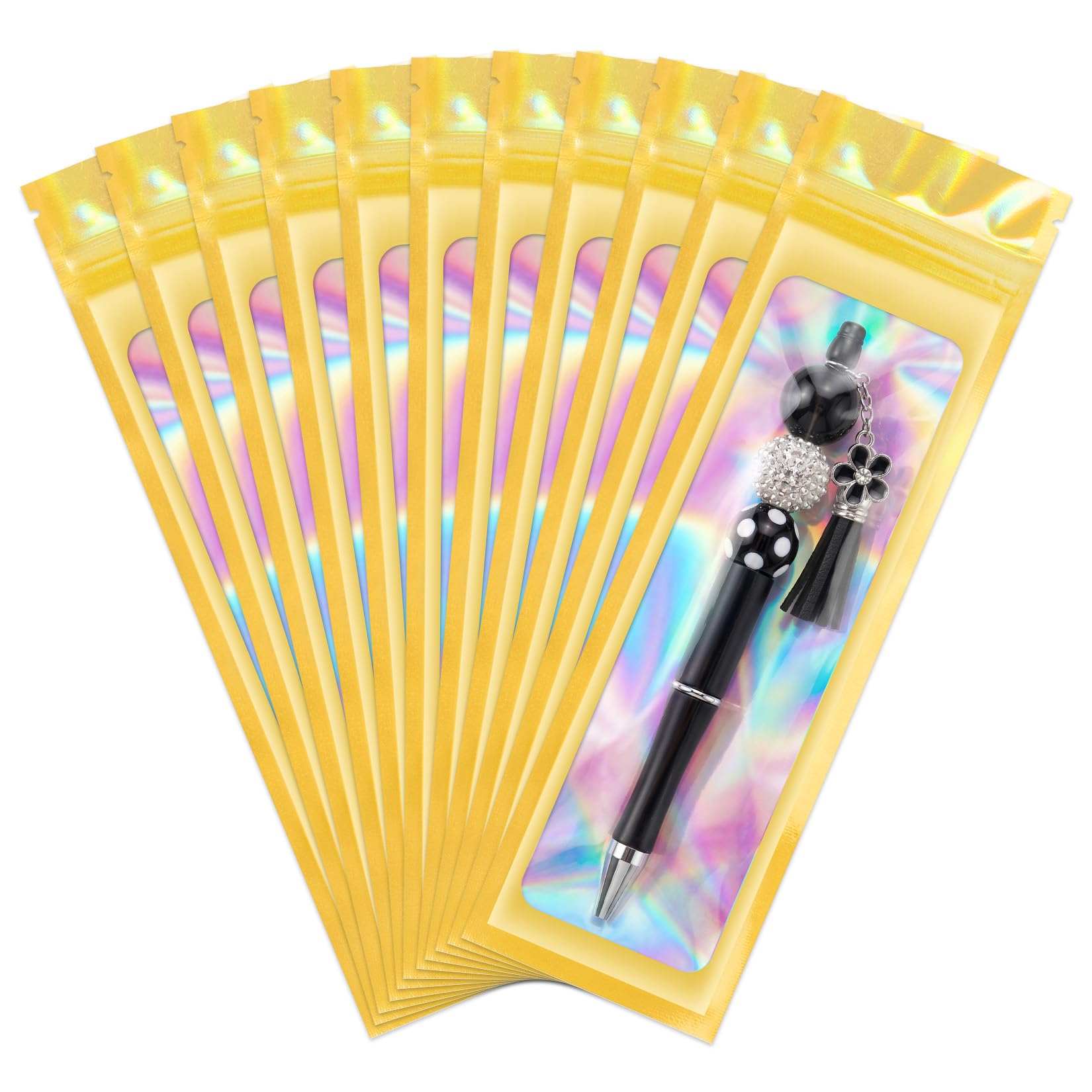 ANZNKU 100 Pcs Holographic Mylar Pen Bags 2.7x9, Gold Pen Sleeve Sealable | Beadable Penc…