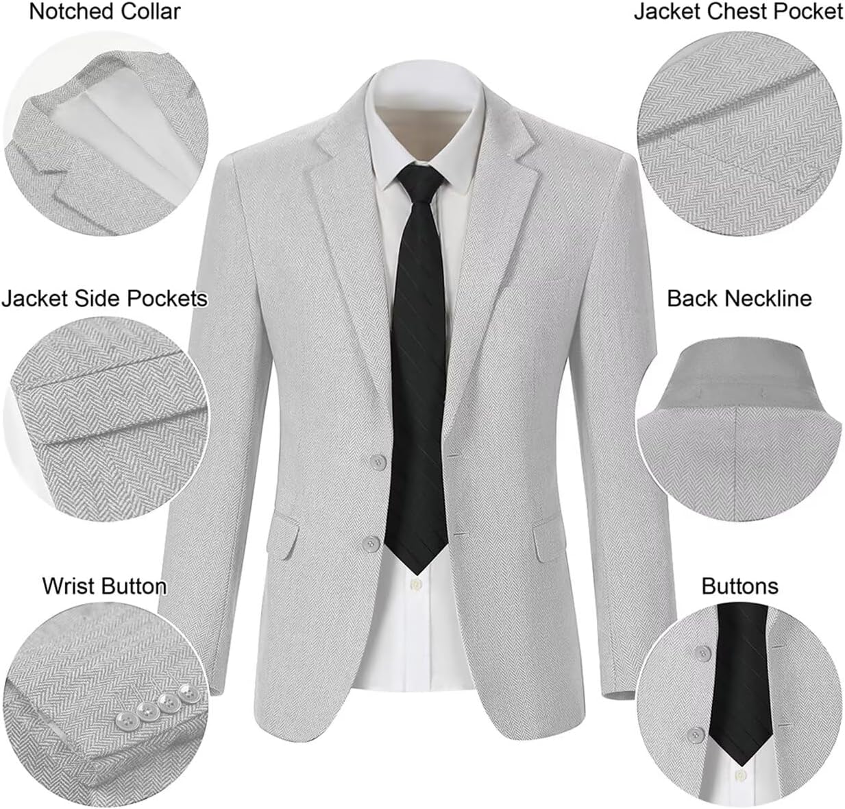 Tweed Herringbone Retro Men Suit Jacket Suits Separates Coat Slim Fit Groom Tuxedos Blazers Prom Suit Jackets Blazer Sport Coats for Men Silver 2XL