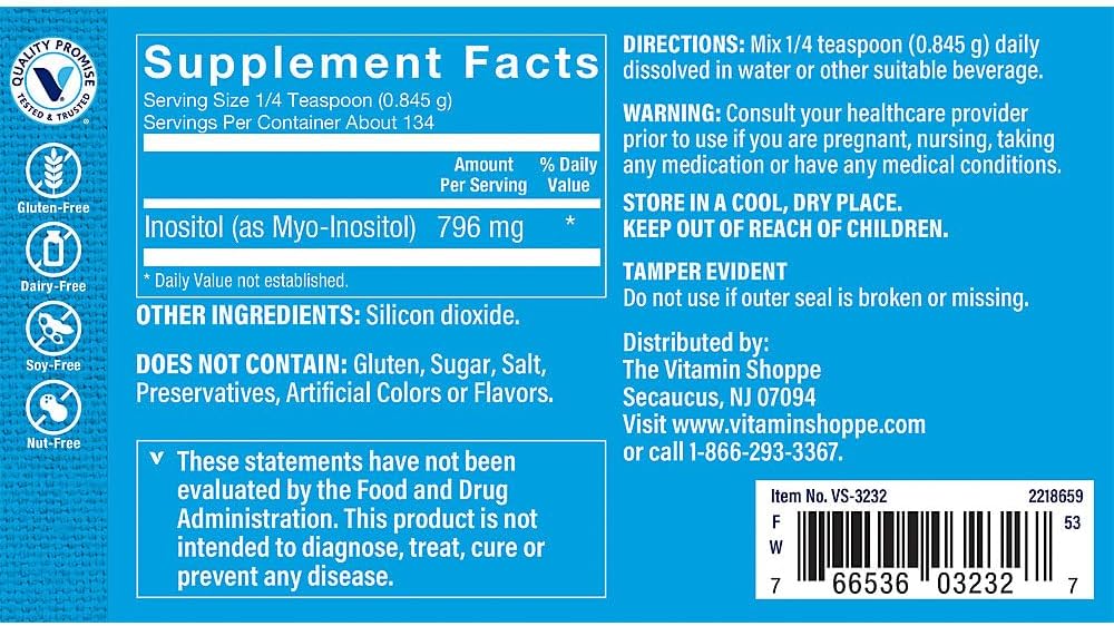 The Vitamin Shoppe Inositol Powder - Cognitive & Mood Balance Support | Pure Myo-Inositol | 4 oz 134 Servings | Unflavored Vegan