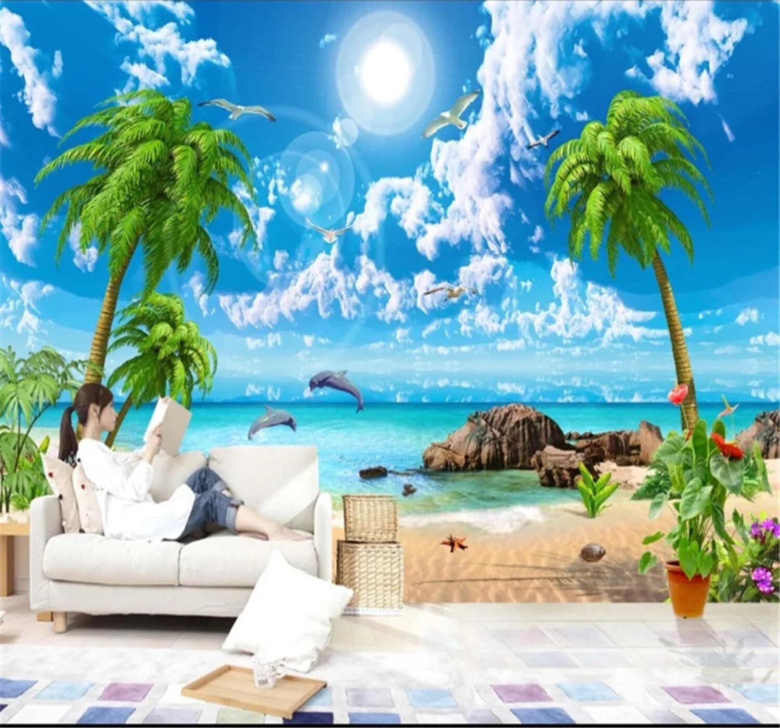 Tzxztt Beautiful Fresh Seascape Coconut Trees Beach Modern 3D Wallpaper Premium Textured Silk Neutral Tones Material Ideal for Living Room Bedroom-400cm×280cm