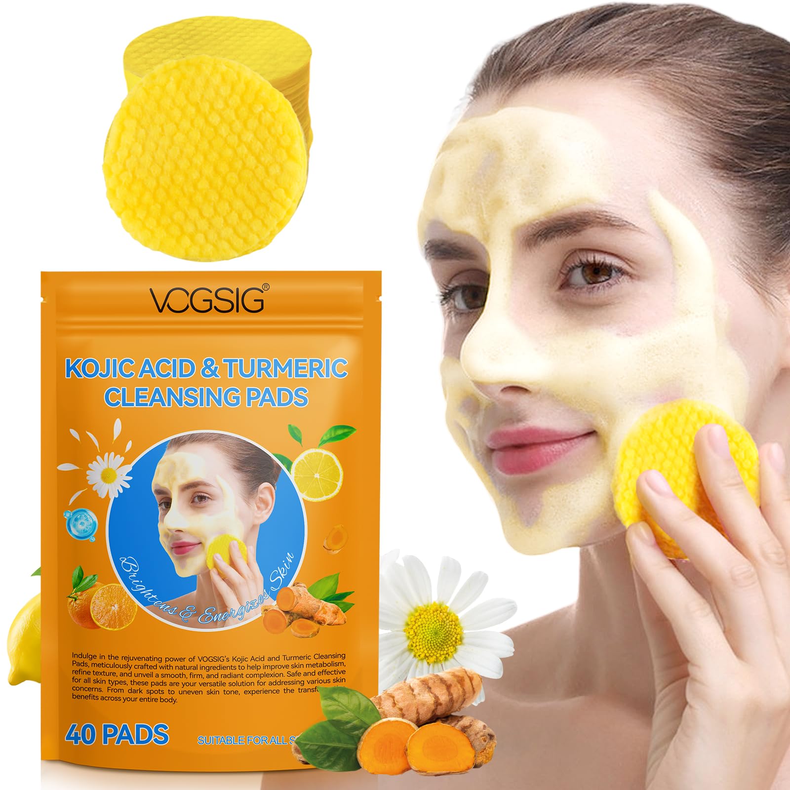 Kurkuma & Kojisäure Reinigungspads – 40 Stück, Peeling Für Gesicht, Für Alle Hauttypen, Wiederverwendbar