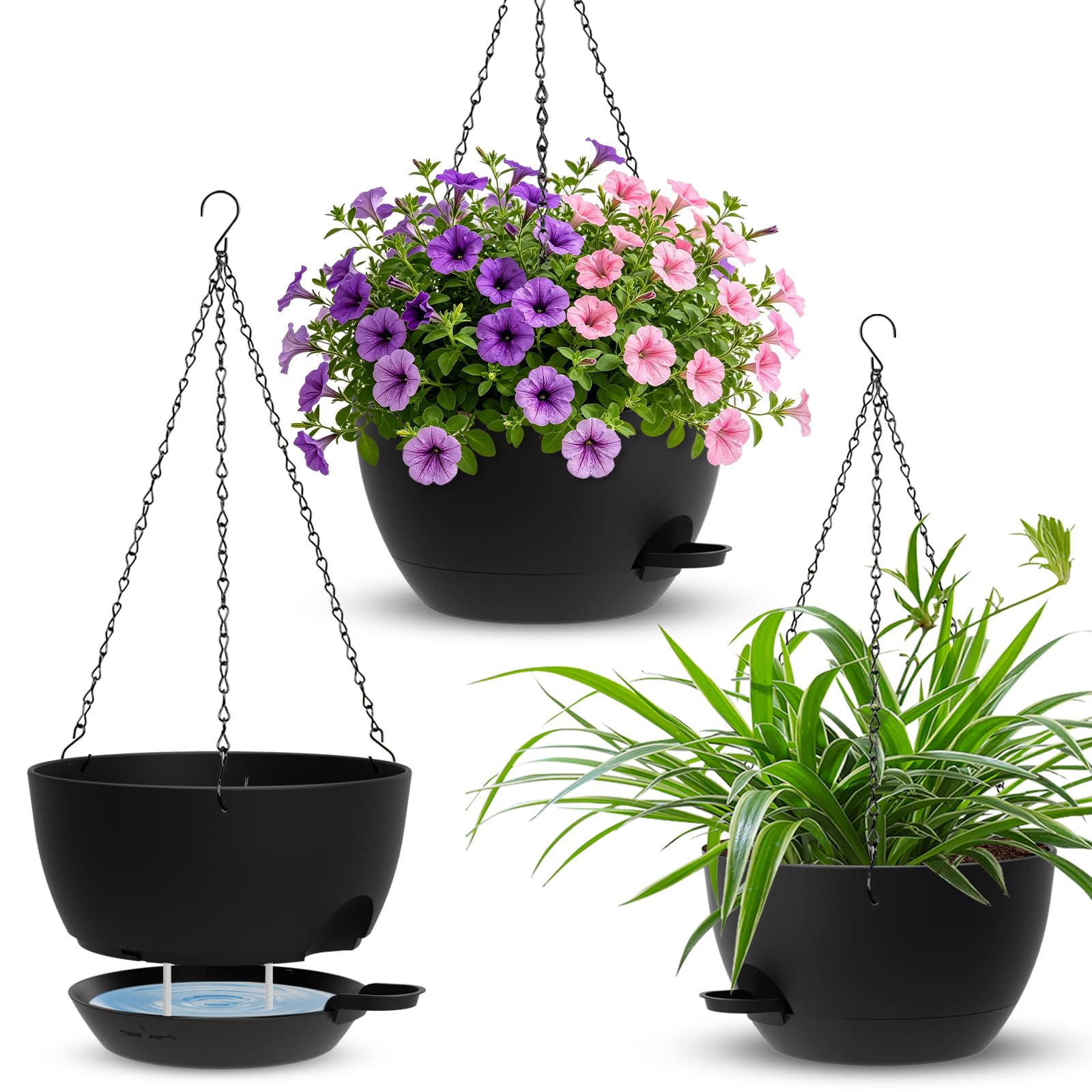Set of 3 Hanging Baskets for Indoor Outdoor Plants, 10 Inch Self Watering Hanging Planters with Drainage Holes & Removable Water-Storage Tray, Plastic Hanging Flower Pots for Ivy, Pothos, Ferns