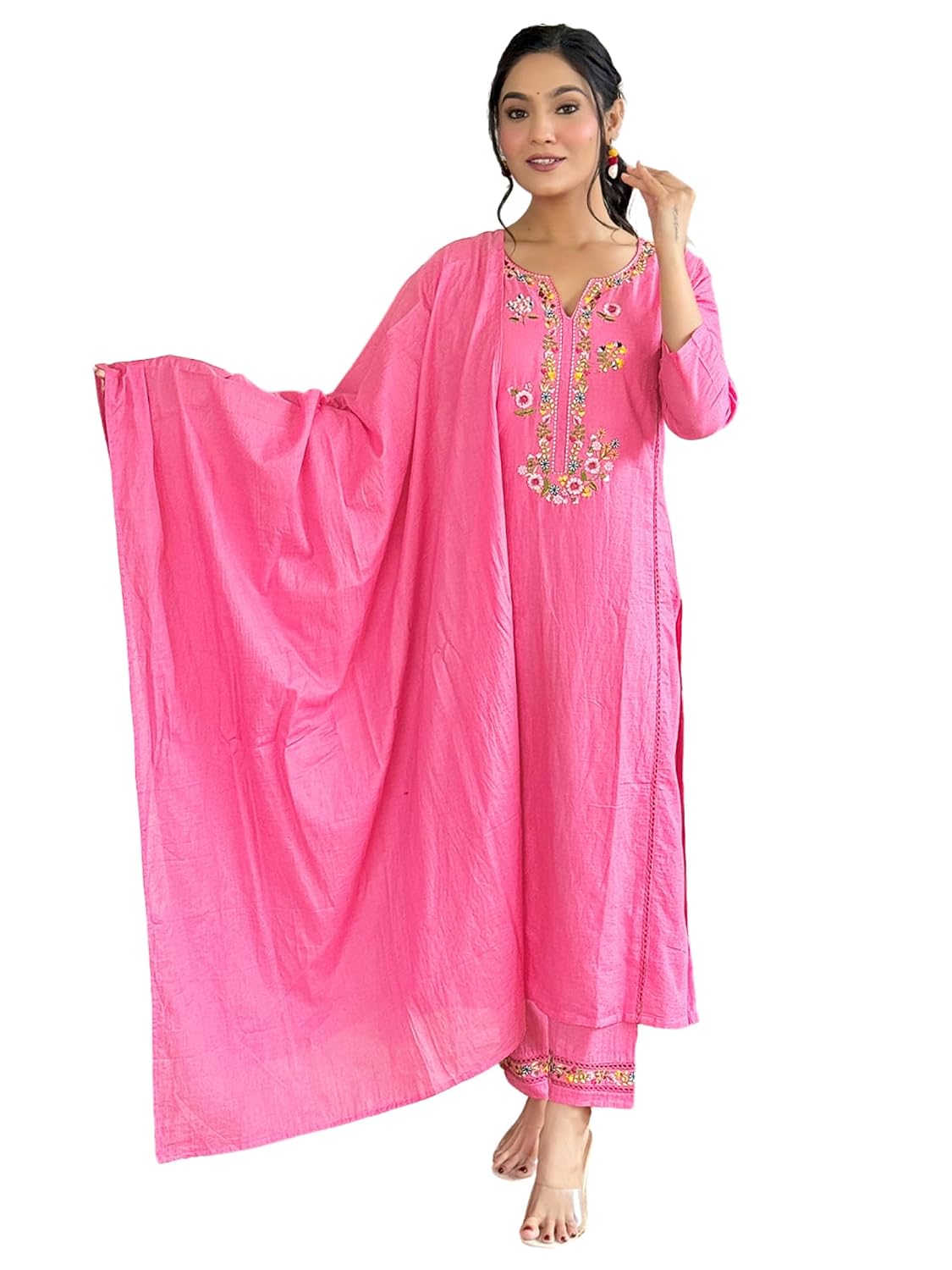 Nefer Women’s Pink Floral Embroidered Notch Neck Straight Kurta With Trousers and Dupatta Nefer Women’s Pink Floral Embroidered Notch Neck Straight Kurta With Trousers and Dupatta