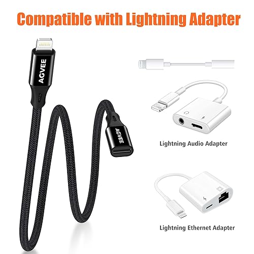 Miniatura 12 de AGVEE Paquete de 2 cables de extensión Lightning de 3.3 pies, extensión trenzada hembra a macho, cable de función completa compatible con iPhone