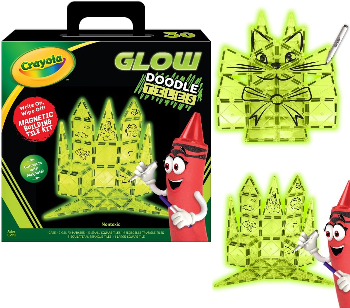 CreateOn Crayola Glow Doodle Magentic Tiles - Magnetic Building Toys for Kids, STEM Toys for Boys and Girls Ages 3+, 30-Piece Set