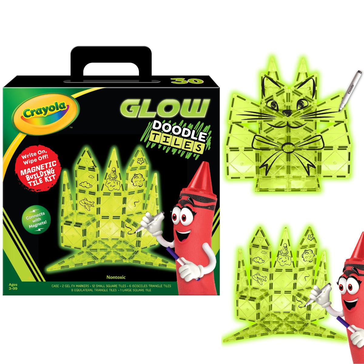 CreateOnCrayola Glow Doodle Magentic Tiles - Magnetic Building Toys for Kids, STEM Toys for Boys and Girls Ages 3+, 30-Piece Set