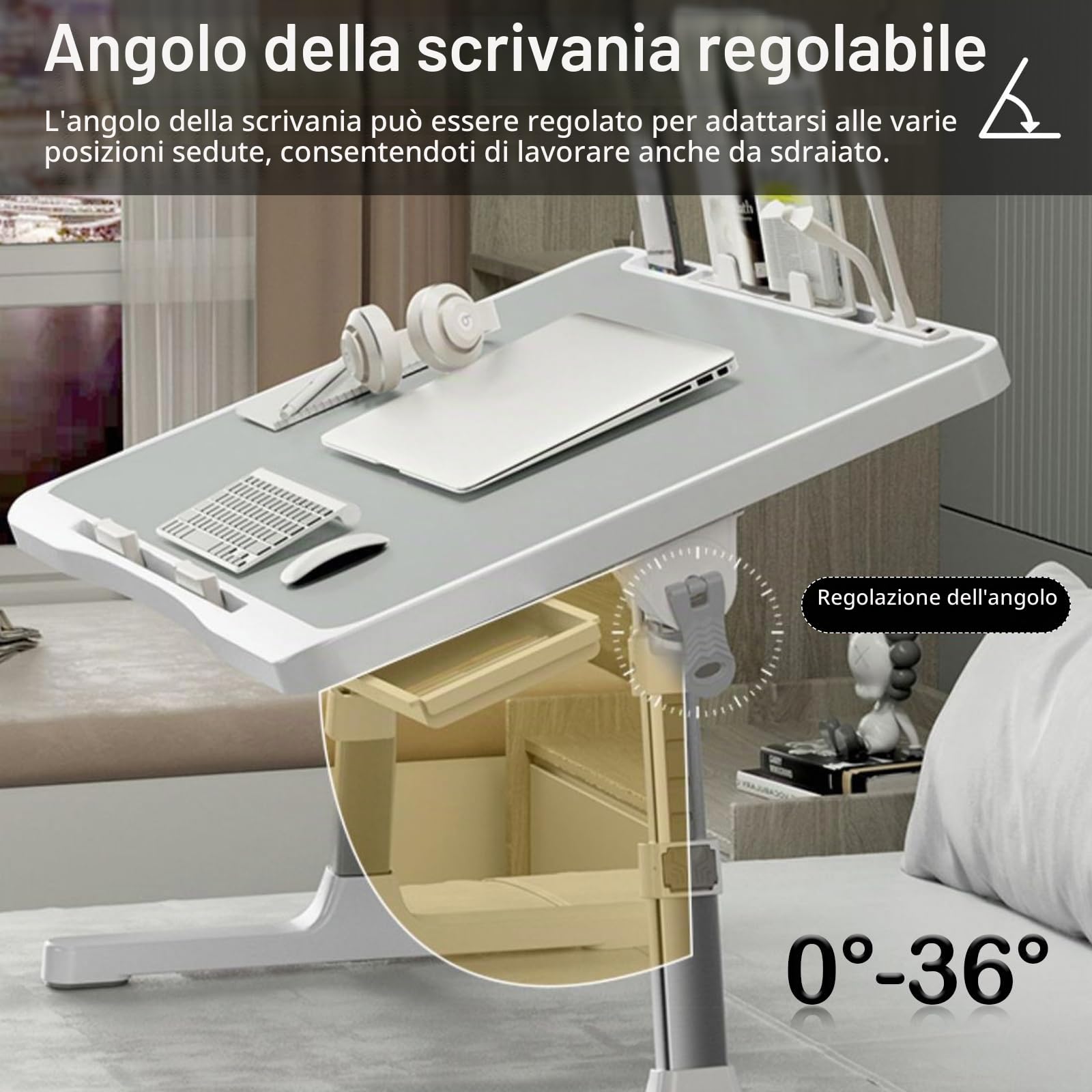 Tavolino Per Laptop, Vassoio Da Letto Regolabile In Altezza Comodino Pieghevole Con Cassetto Ripiano Lampada Da Scrivania Usb E Ventilatore Per Letto Divano Pavimento 60x40 Cm