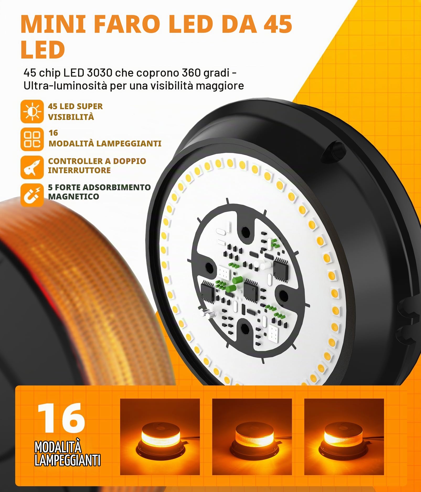 Luce stroboscopica ambra a LED, luci lampeggianti di sicurezza di avvertimento 12V-24V con base magnetica per camion spazzaneve,veicoli,carrelli elevatori,trattori,carrelli da golf,autobus