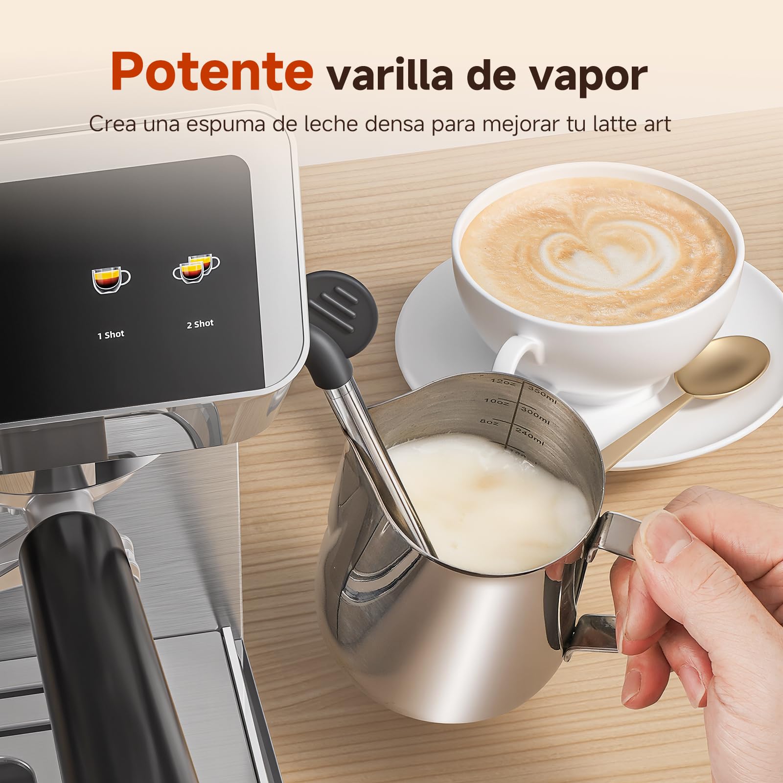 AMZCHEF Cafetera Espresso con Molinillo Integrado 20 Bares – Máquina de Café con 44 Ajustes de Molienda，Vaporizador de Leche, 4 Temperaturas, Función Café Frío, Acero Inoxidable, Depósito 1.8L