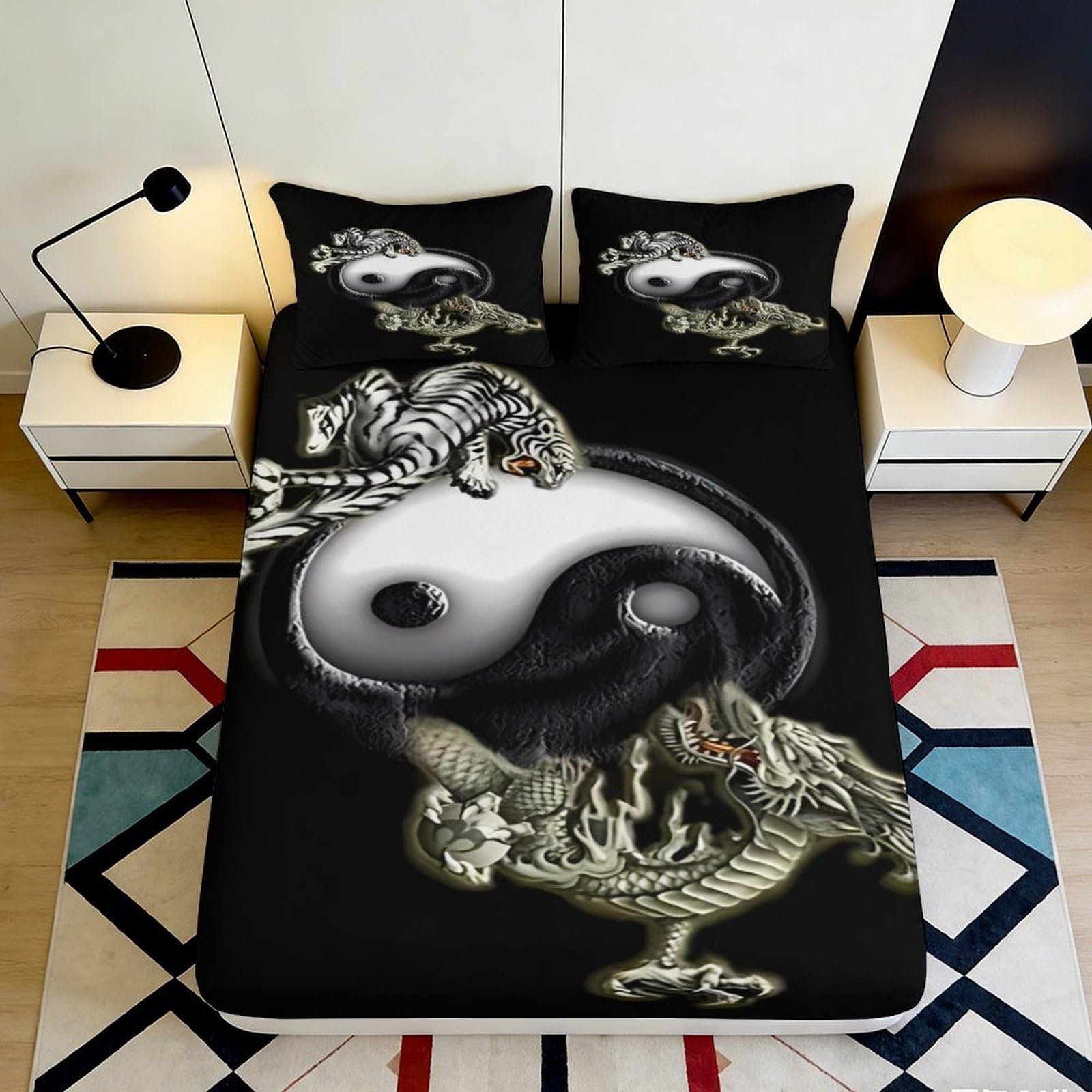 3D Printed Yin Yang Tiger Dragon Fitted Sheet Microfiber Soft Breathable Black Bed Cover for Bedroom Dormitory Guest Room Mattress Protection 200x200x25cm
