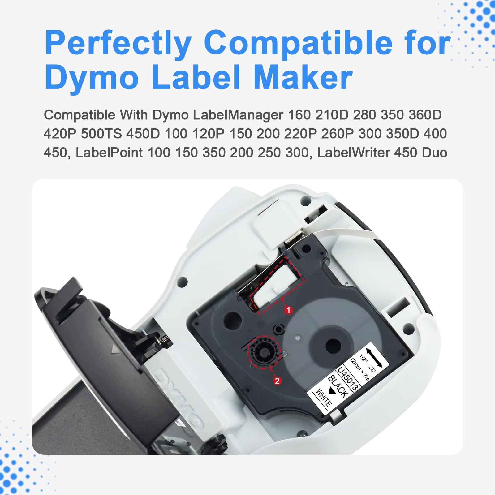 UniPlus 8X Compatible D1 45013 S0720530 Label Tape Replacement for D1 12mm x 7m Black on White A45013 Cassette Work with LabelManager 160 280 210D 360D Labelpoint 150 450 Duo - Image 2