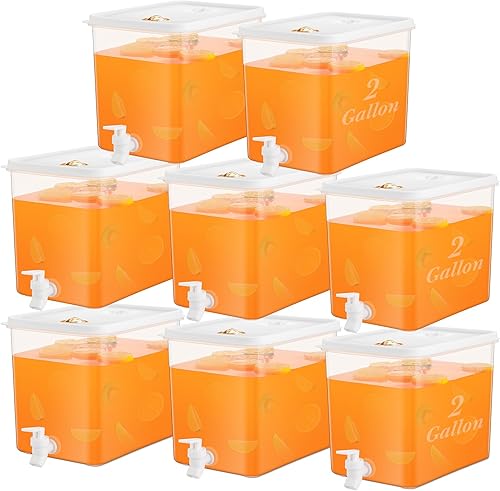 Domensi Paquete de 8 dispensadores de bebidas de 2 galones para refrigerador con grifo dispensador de agua, tapas a prueba de fugas, pantalla de