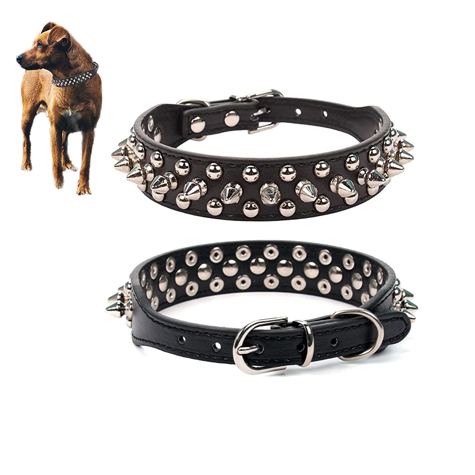Verstellbares Hundehalsband Mit Nieten – Mikrofaser-Leder, Spike-Optik, Anti-Biss-Schutz, Größe L Grau