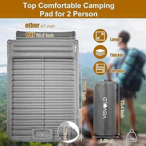 Miniatura 2 de visvold Colchoneta de dormir doble para campamento, 4.72 pulgadas, ultra gruesa, autoinflable, para 2 personas con almohada, bomba de pie