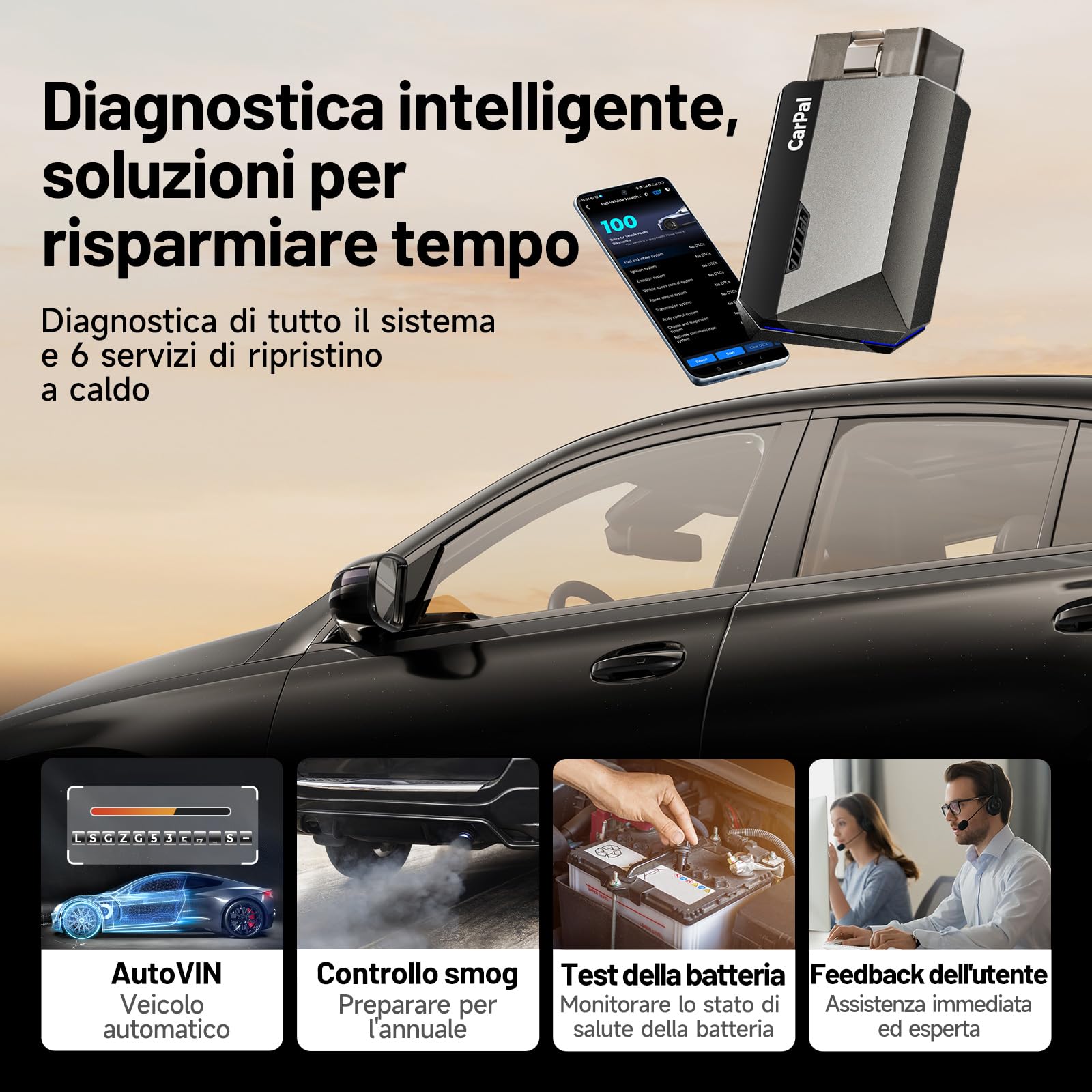 TOPDON CarPal-A OBD2 Auto Diagnostica, Bluetooth Diagnosi Auto Professionale in Italiano, 6 Servizi di Reset, AutoVIN, Ispezione Motore, Controllo Smog, Guida alle Riparazioni