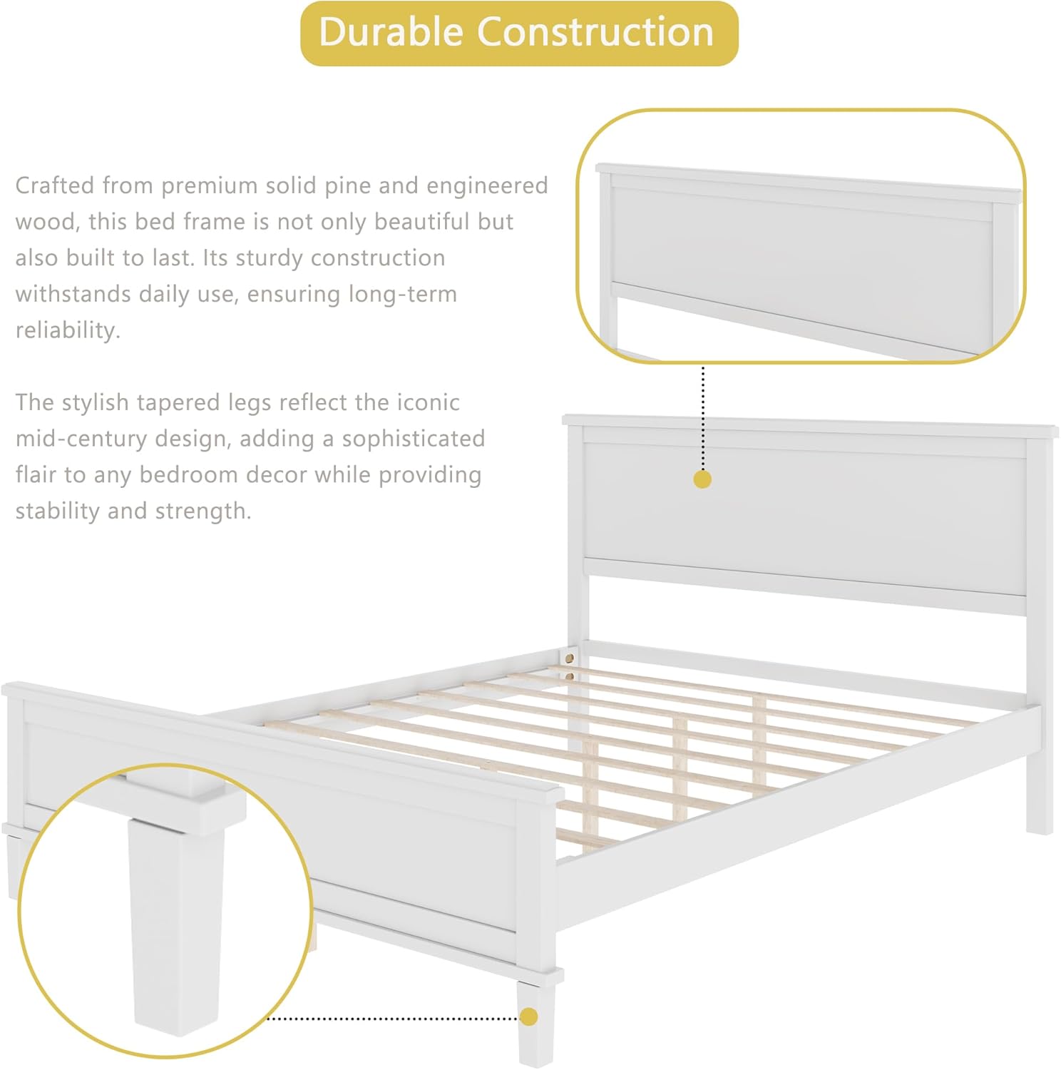 LZ LEISURE ZONE Mid-Century Queen Size Wood Platform Bed with Headboard,Wood Slat and Center Support Legs,No Box Spring Needed,White