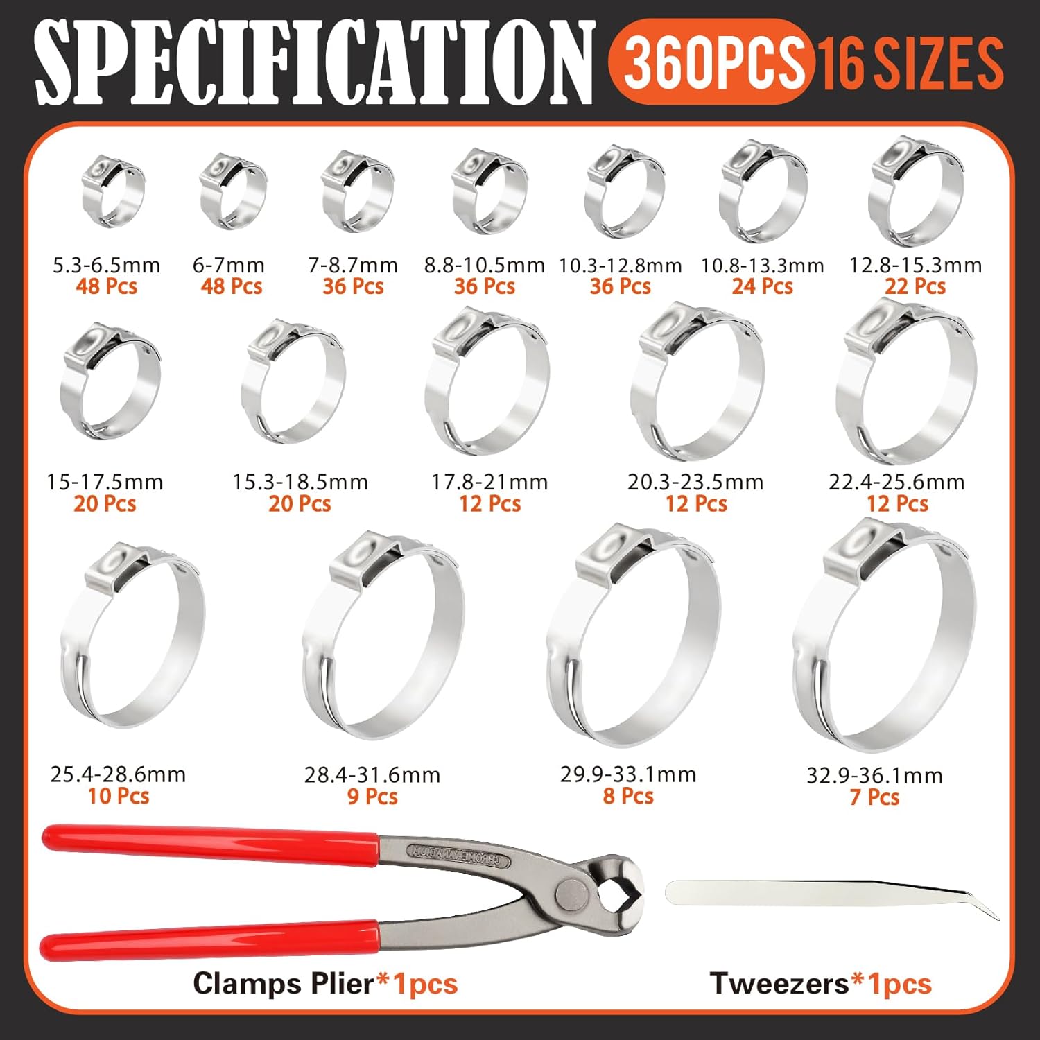 360Pcs 16 Sizes 304 Stainless Steel Stepless Single Ear Hose Clamp Assortment Kit,Adjustable 5.3-36.1mm,with Ear Clamp Pincer Tool,for Fuel Line,Automotive,Industry,Home Pipeline