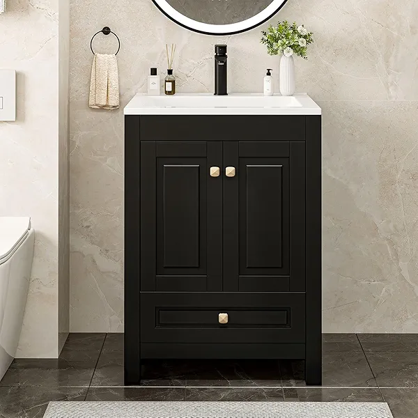 GAZHOME 24" Bathroom Vanities with Resin Sink Combo, Modern Thickened Wood Bathroom Storage Cabinet w/Undermount Sink, Painted Surface,Black