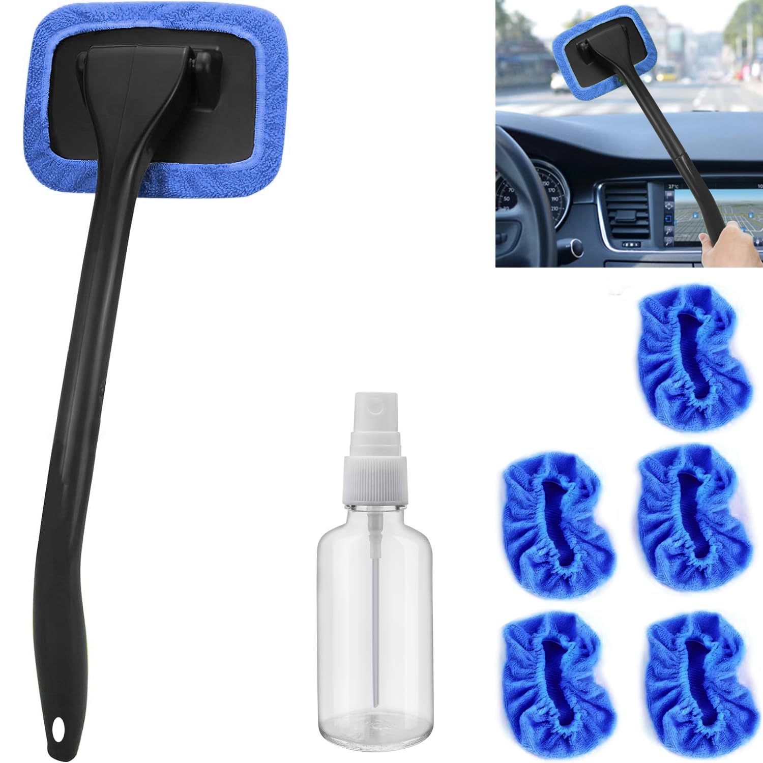 desin Car Windshield Cleaning Tool Windshield Cleaner with 5 Washable and Reusable Microfiber Pads and Extendable Handle for