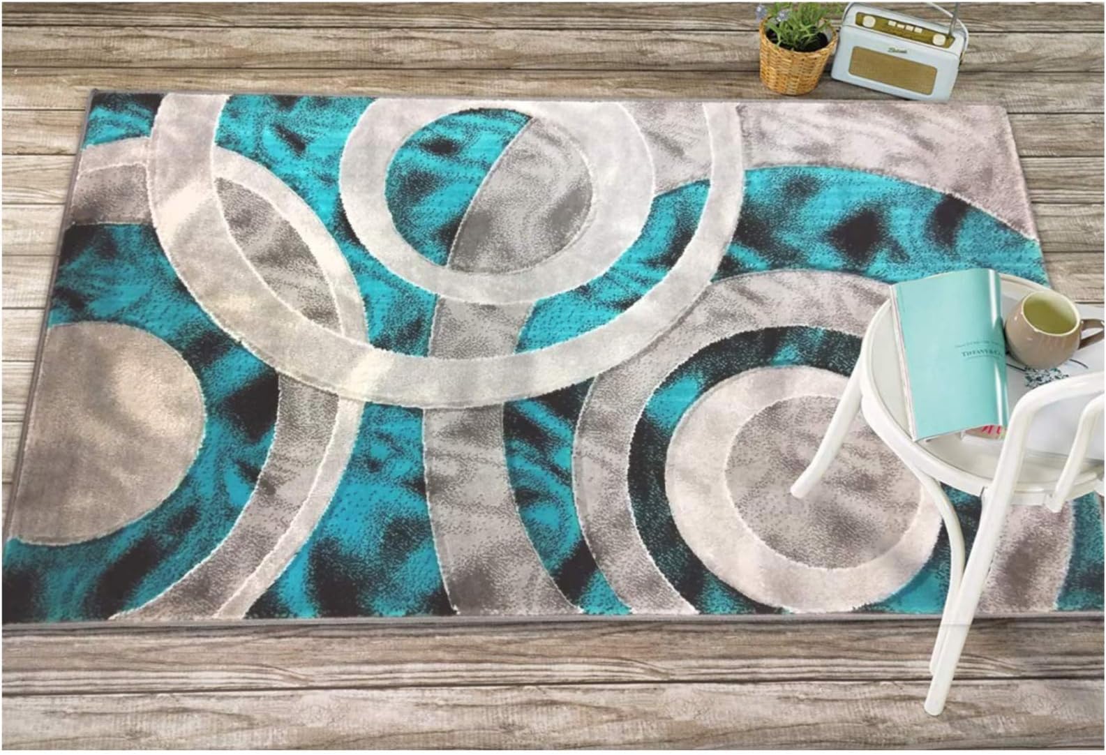 Sapphire Collection, 5 Feet X 7 Feet, Contemporary Abstract Geometric Circles Squares Swirls Bedroom Living Dining Room Area Rug (Turquoise/Grey)