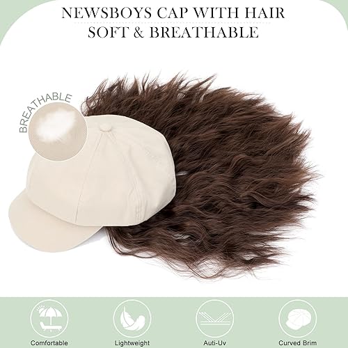 Miniatura 4 de Lansigreen Newsboy - Gorro con extensiones de cabello, corto, rizado, ondulado, estilo Bob, peluca estilo Boina, 8 paneles adjuntos, peluca