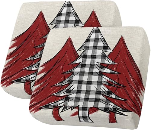 Fundas de cojín para sofá con diseño de árbol de Navidad color rojo, funda elástica para sofá con parte inferior elástica, a cuadros negros y