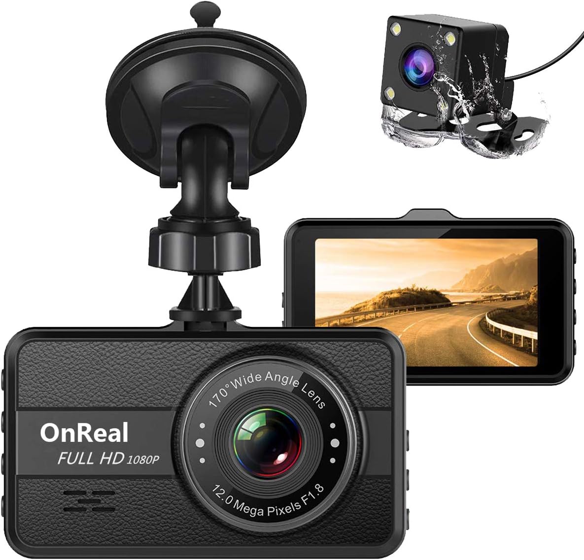 OnReal Dual Dash Cam FHD 1080P Front and Rear Cameras 3" Car Dashboard Recorder with Night Vision, 170° Wide Angle, G Sensor, Parking Monitor, Motion Detection, WDR