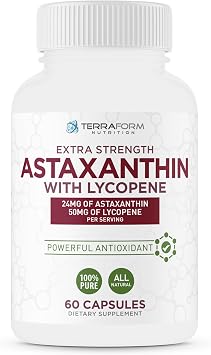 TerraForm Nutrition Astaxanthin Supplement 24mg with Lycopene 50mg High Dose Dual Spectrum Antioxidant Complex - Natural Astaxanthin from Haematococcus Pluvialis Microalgae - 60 Servings
