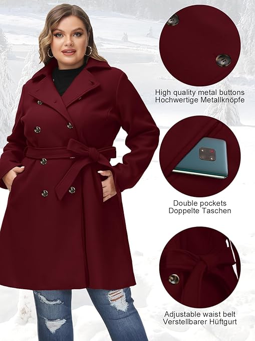 Hanna Nikole Dames wollen mantel Grote maten Twee rijen winterjas met zakken riem Lange mouwen Middenlange trenchcoat, zwart, 50 Grote maten