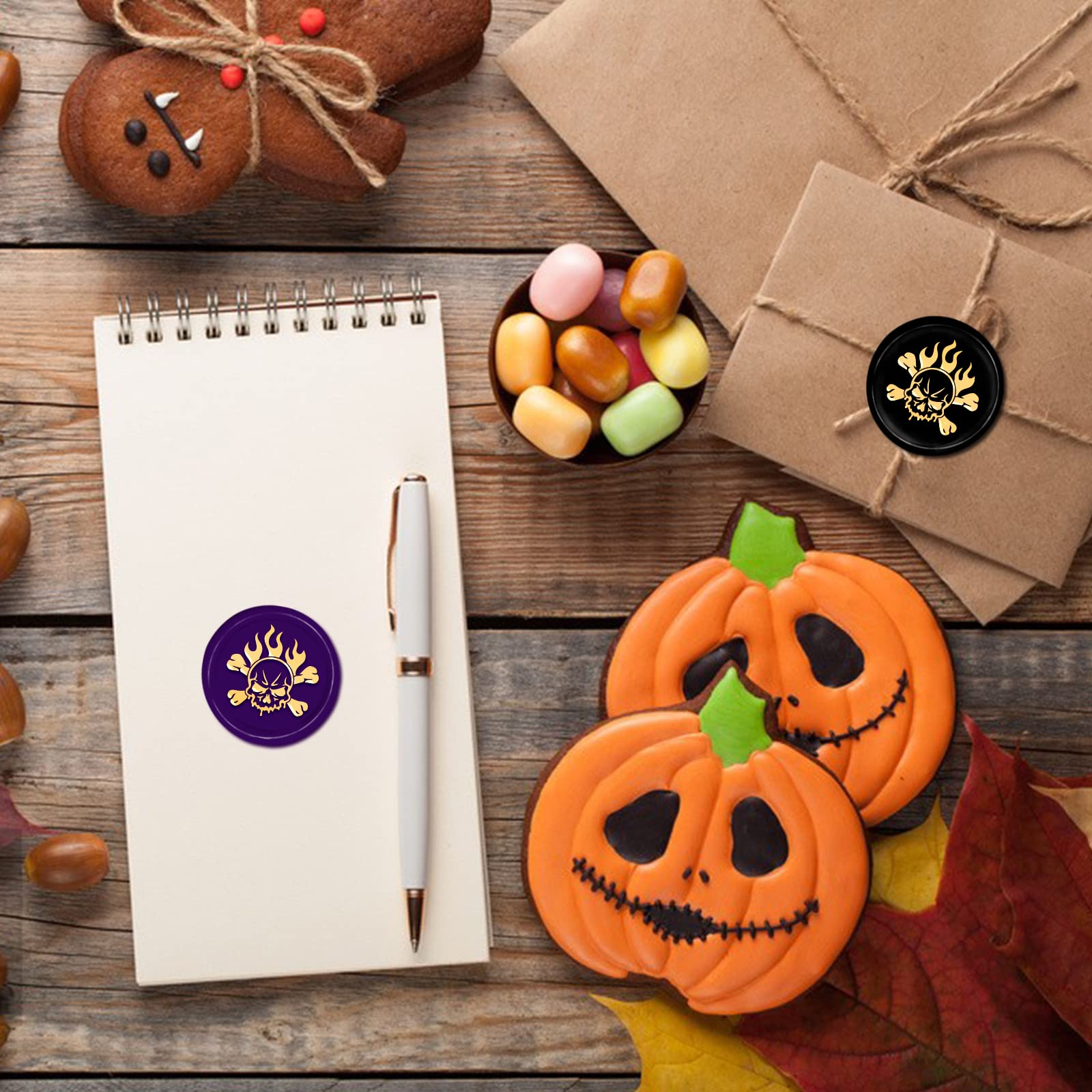 CRASPIRE Halloween Wax Seal Stamp Sealing Wax Stamps Skull 30mm/1.18inch Removable Brass Head Sealing Stamp with Wooden Handle for Halloween Invitations Cards Gift Wrap - Image 3