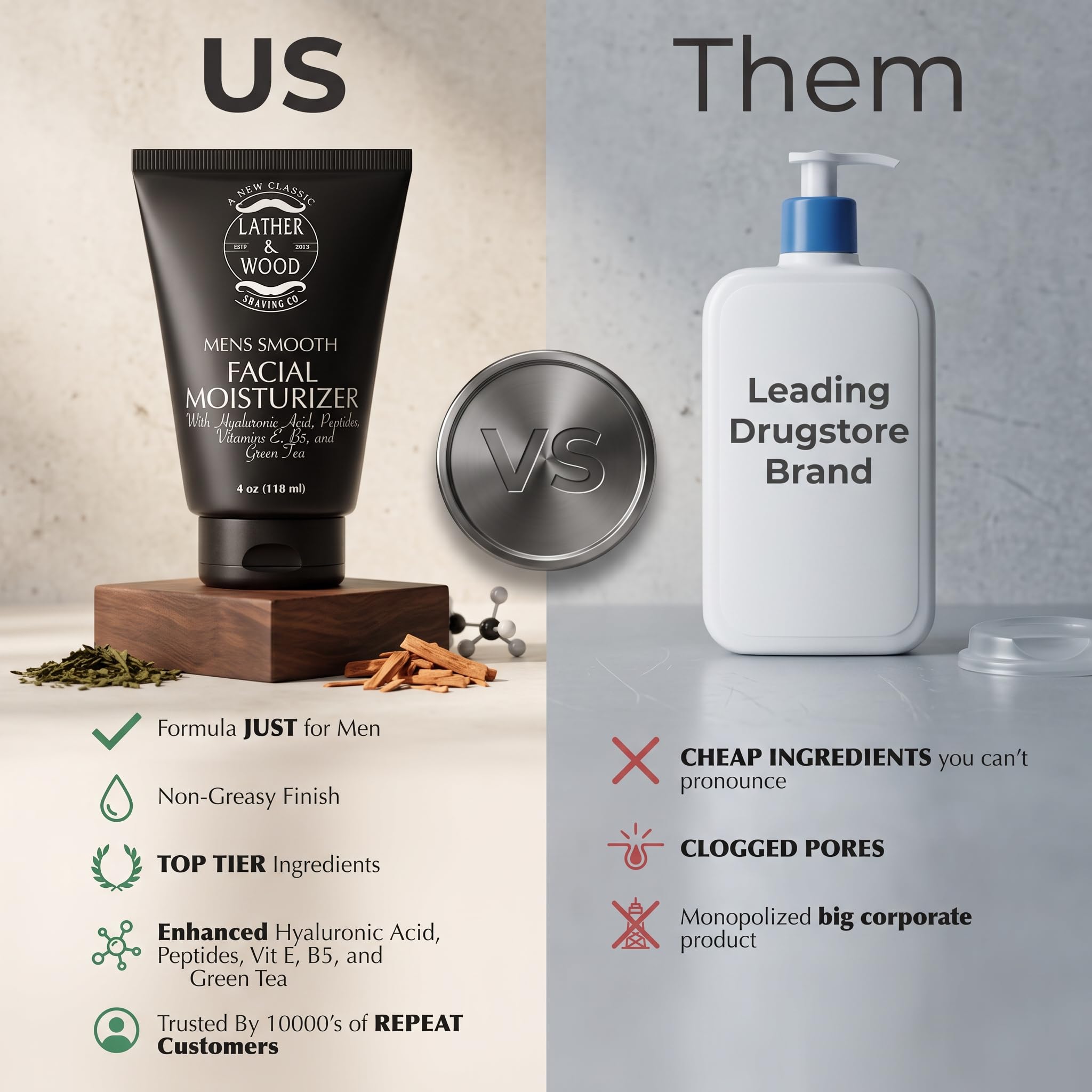 Face Moisturizer for Men - Lather & Wood's Luxurious Sophisticated Mens Moisturizer for the Man's Man. 4oz Fragrance-Free Face Cream for Men. (Unscented, 4 ounce) by Lather & Wood Shaving Co.