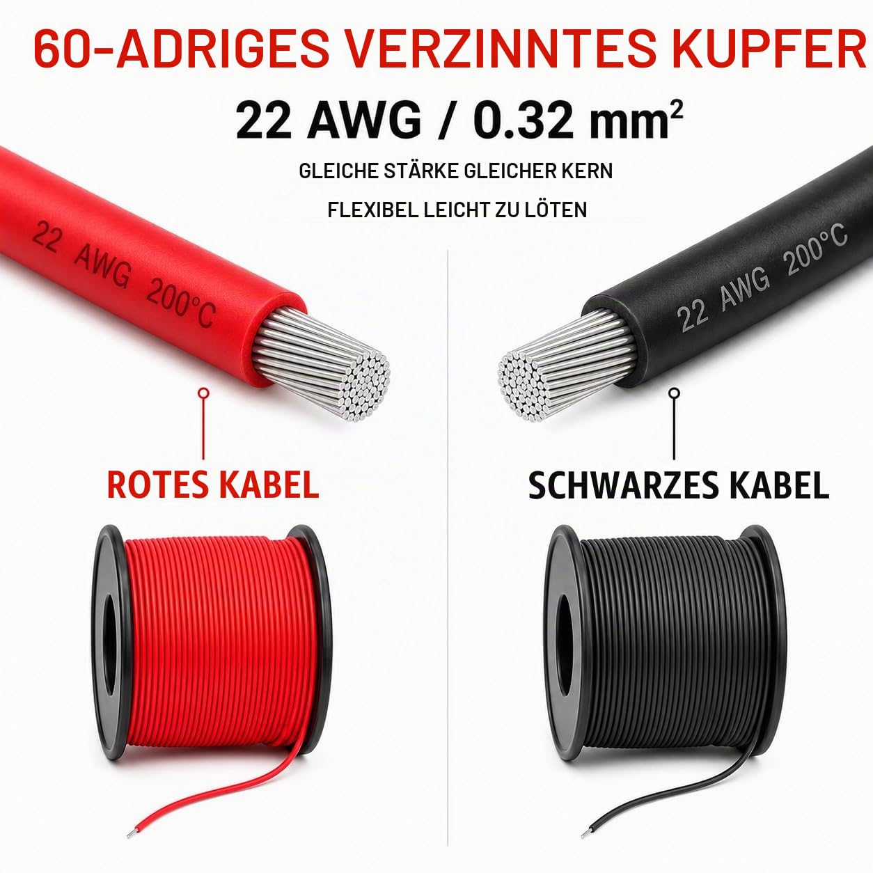 TUOFENG 22 AWG Elektrokabel [61 Meter schwarzer Draht und 61 Meter roter Draht] Flexibler Silikondraht 22 Gauge Litzendraht Kabelspule aus verzinntem Kupferdraht