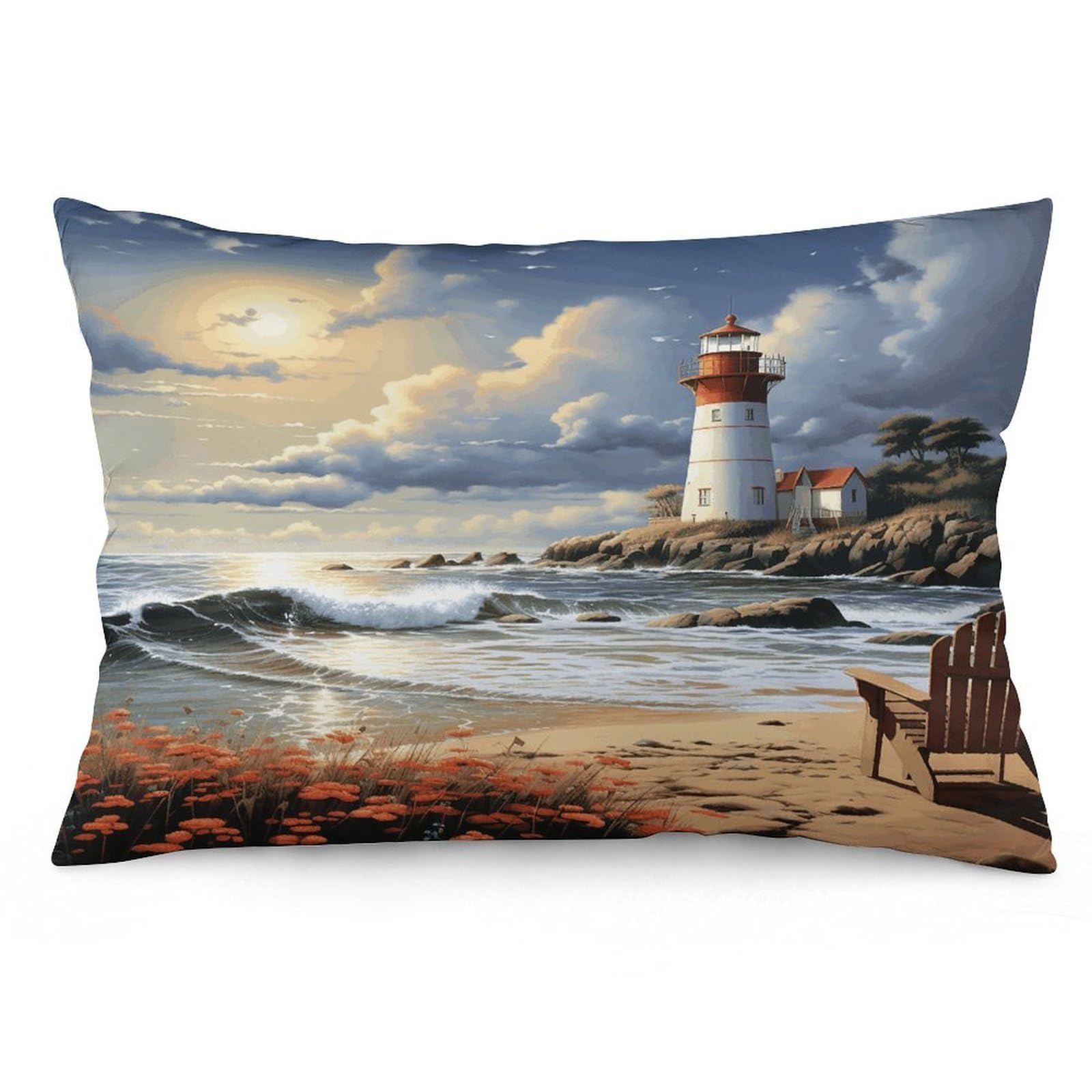 Sea Lighthouse Sandbeach Throw Pillow Cover Soft Lumbar Pillow Covers with Zipper Breathable Rectangular Cushion Case Polyester Pillow Case Decorative Body Pillow Cover for Couch Bed