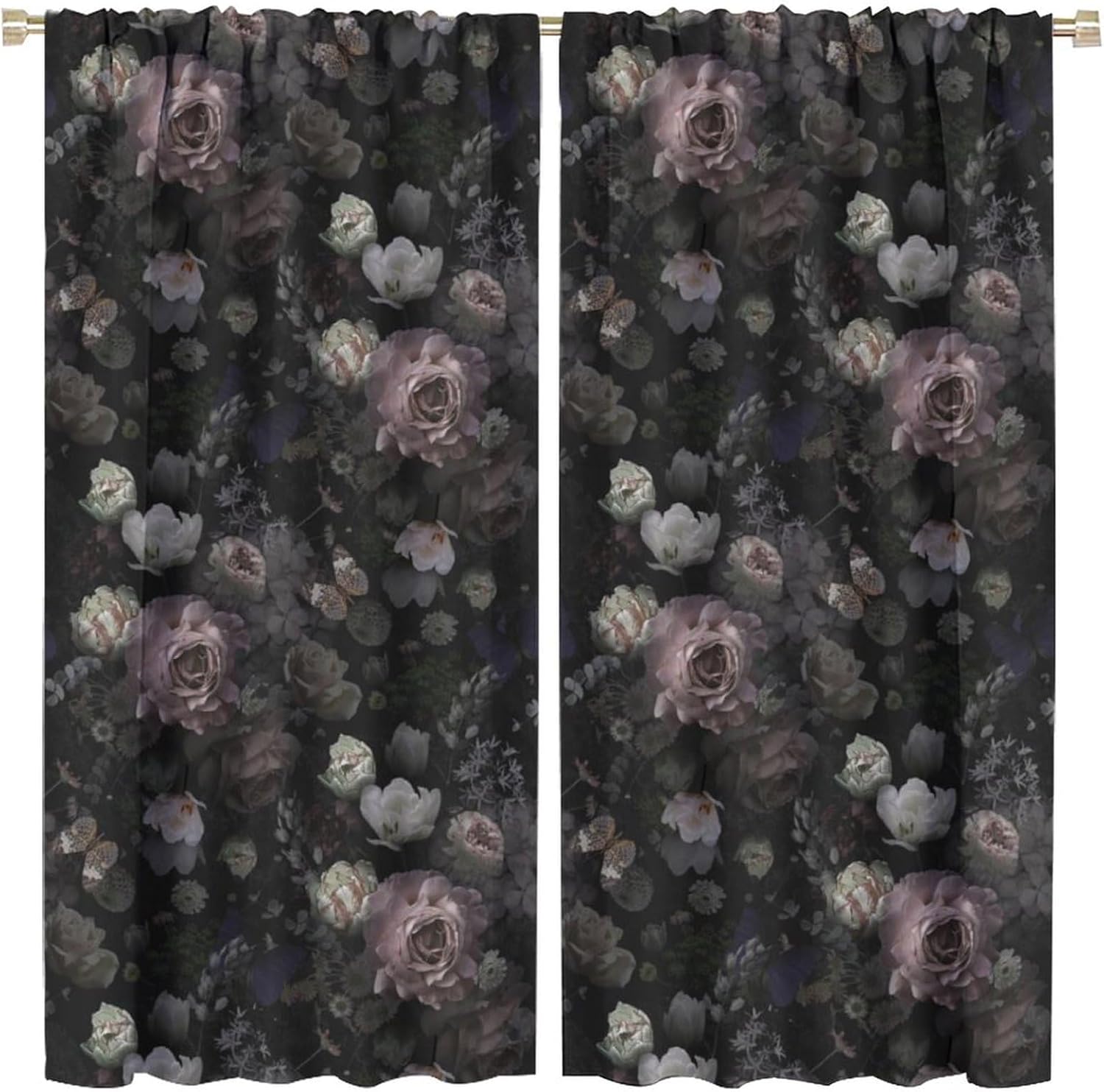 Vintage Floral Blackout Curtains Gothic Victorian Black Pink Flower Rose Retro Drapes 2 Panels Sets Farmhouse Curtains for Living Room Bedroom Kitchen Window Treatments Rod Pocket 42x45 Inch