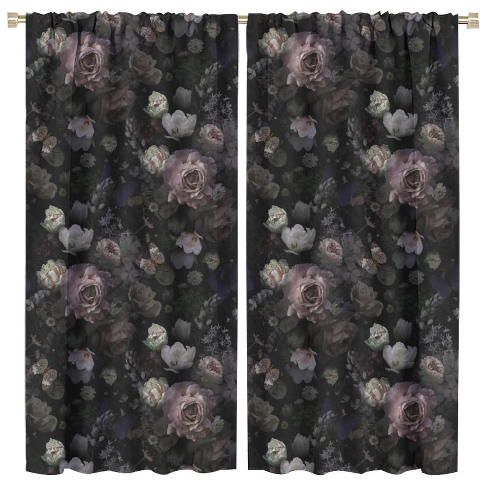 Vintage Floral Blackout Curtains Gothic Victorian Black Pink Flower Rose Retro Drapes 2 Panels Sets Farmhouse Curtains for Living Room Bedroom Kitchen