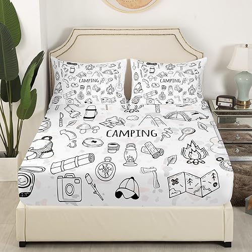 Vista 77 de Camper Decor Sábanas de cama Happy Camping, sábana bajera ajustable de campamento con juego de cama de montaña, juego de cama de verano para Multi 04