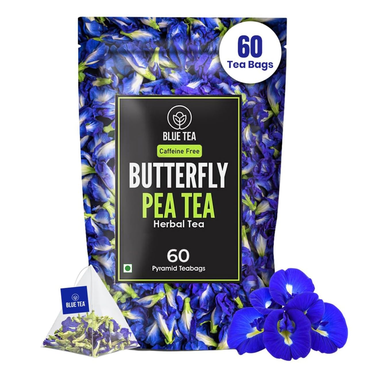 BLUE TEA - Butterfly Pea Flower Tea - 60 Tea Bags - Plant Based | ANTIOXIDANT RICH | Aparajita - Shankhpushpi | Caffeine Free - Detox Tea - Flower Based - Herbal Tea | Non - GMO | Zipper
