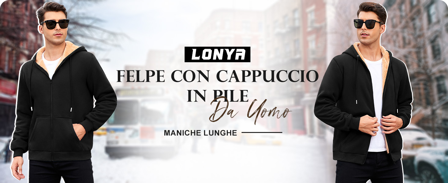 Felpa Uomo Con Cappuccio E Zip Invernale Lonya - Fodera In Pile, Tasche Laterali, Casual - 2