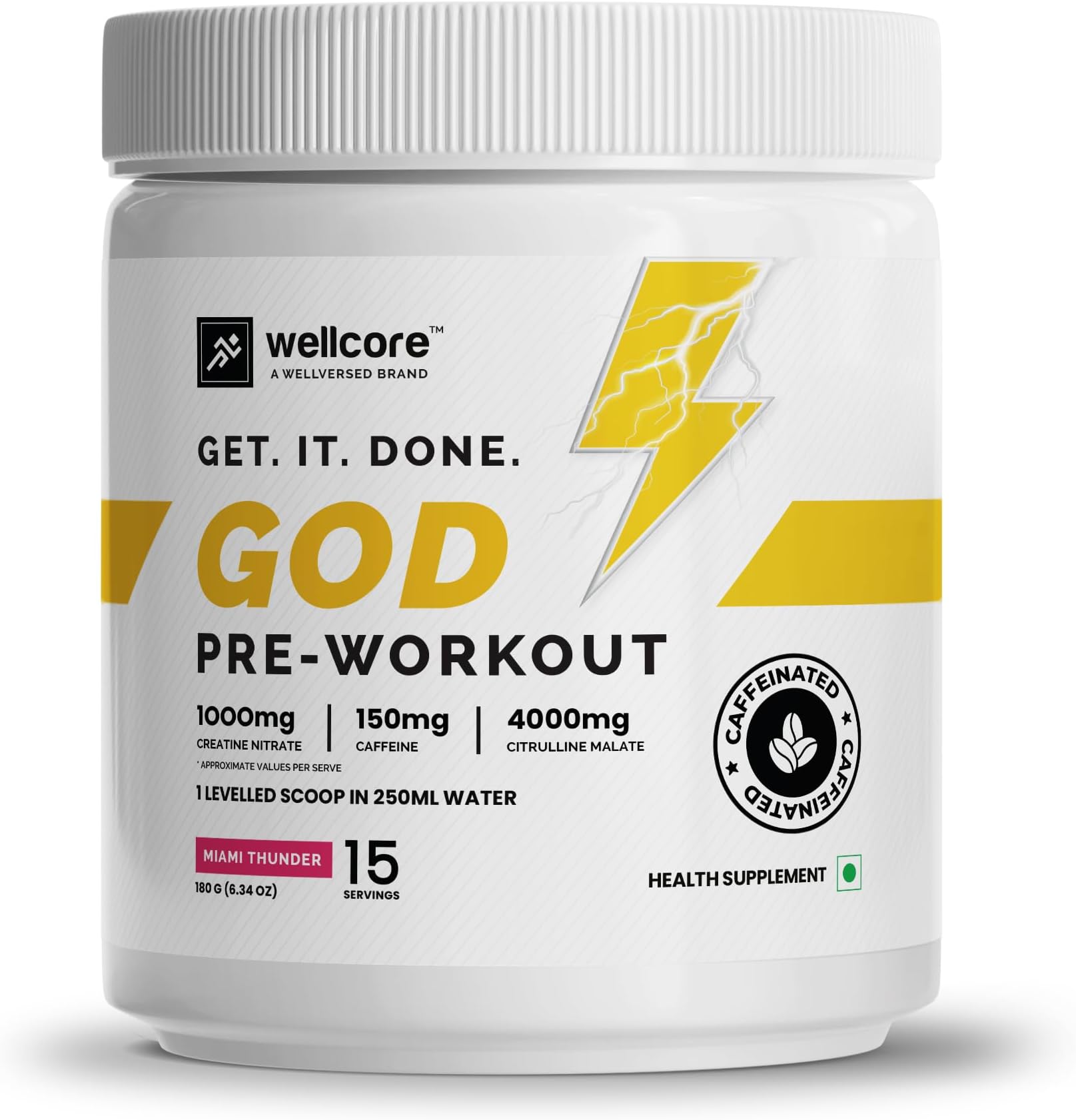 Wellcore - God Mode Pre Workout Supplement (180g Powder, 15 Servings) | Miami Thunder | Only For Serious Lifters | Pre Workout For Men And Women With Caffeine & Creatine