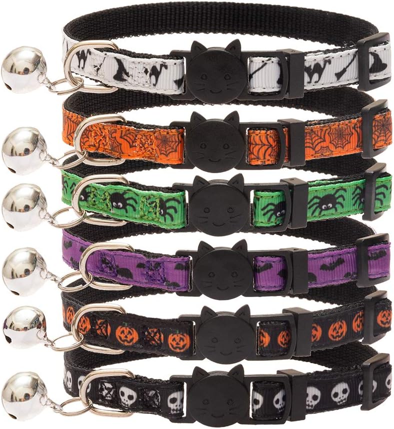 PUPTECK 6 PCS Halloween Cat Collar with Bell - Soft Adjustable Kitten Kitty Collars with Safe Breakaway Release Buckle (Halloween)