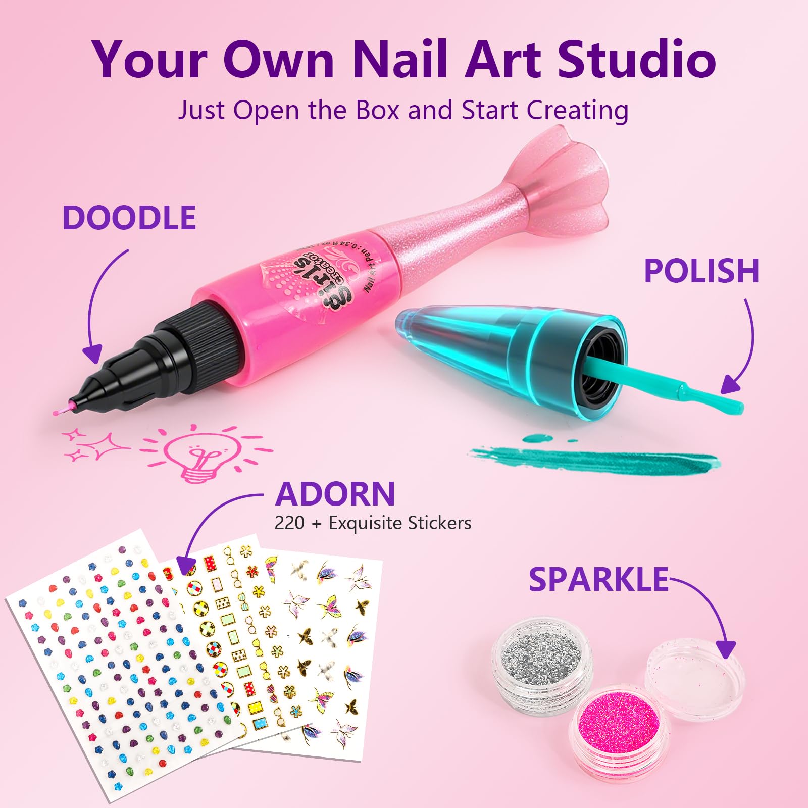 Kids 8-Count Nail Art Pen and Nail Polish Set with Stickers & Gems