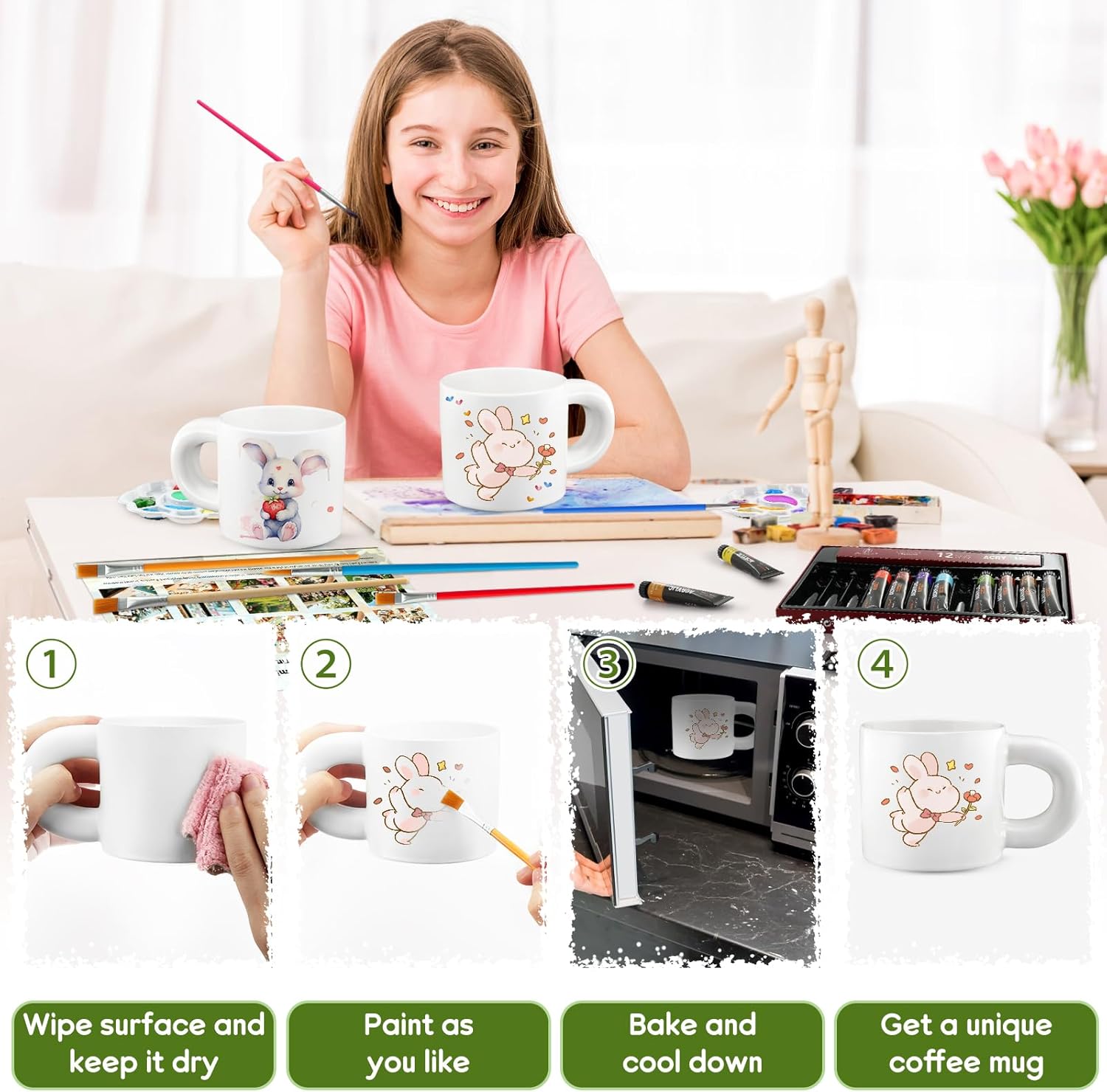 SEOLENZW Ceramic Painting Kit - 2 Mug DIY Set for Couples & Friends. Paint Your Own Mug Kit with Professional Brushes, Acrylic Paints & Palettes. Creative Gift for Adults（Fat Handle Cup） - Image 5