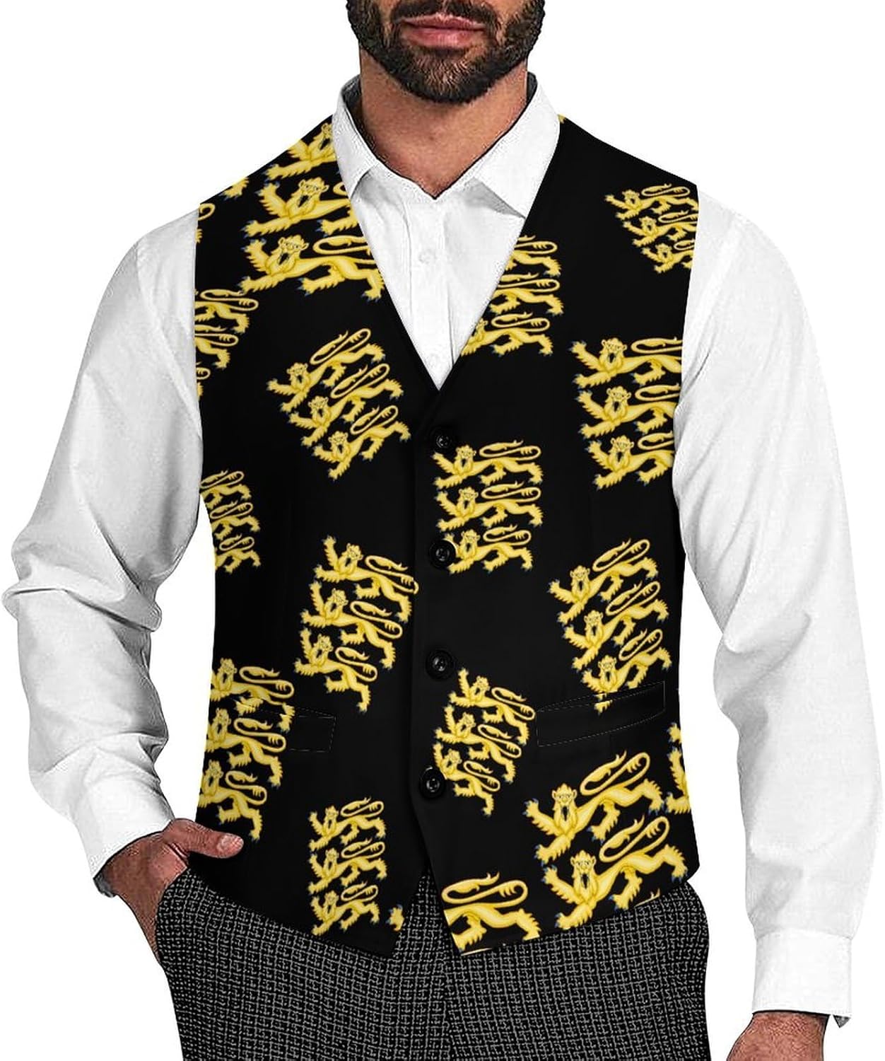 Three Lions Coat of Arms Mens Vest Formal Waistcoat Tuxedo with Pocket Suit Vests for Wedding Party