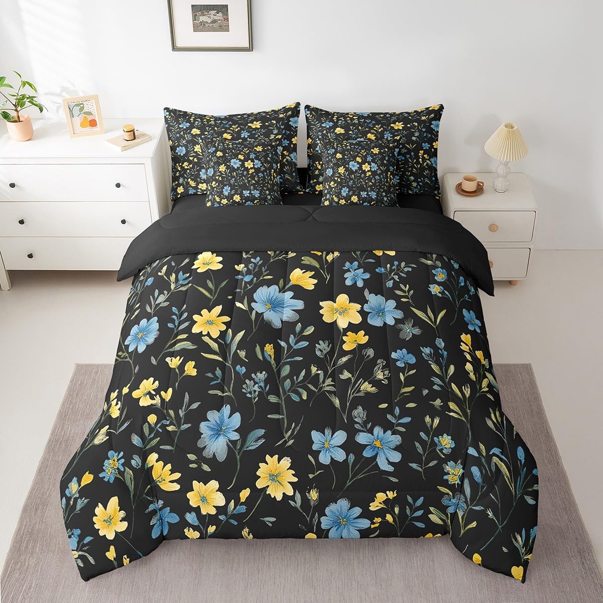 Erosebridal Olive Green Eucalyptus 7 Piece Bedding Sets Queen, Watercolor Plant Leaves Comforter Set Botanical Rustic Farmhouse Sheet Set for Kids Adult Women, Minimalist Bed in A Bag Bedroom Decor