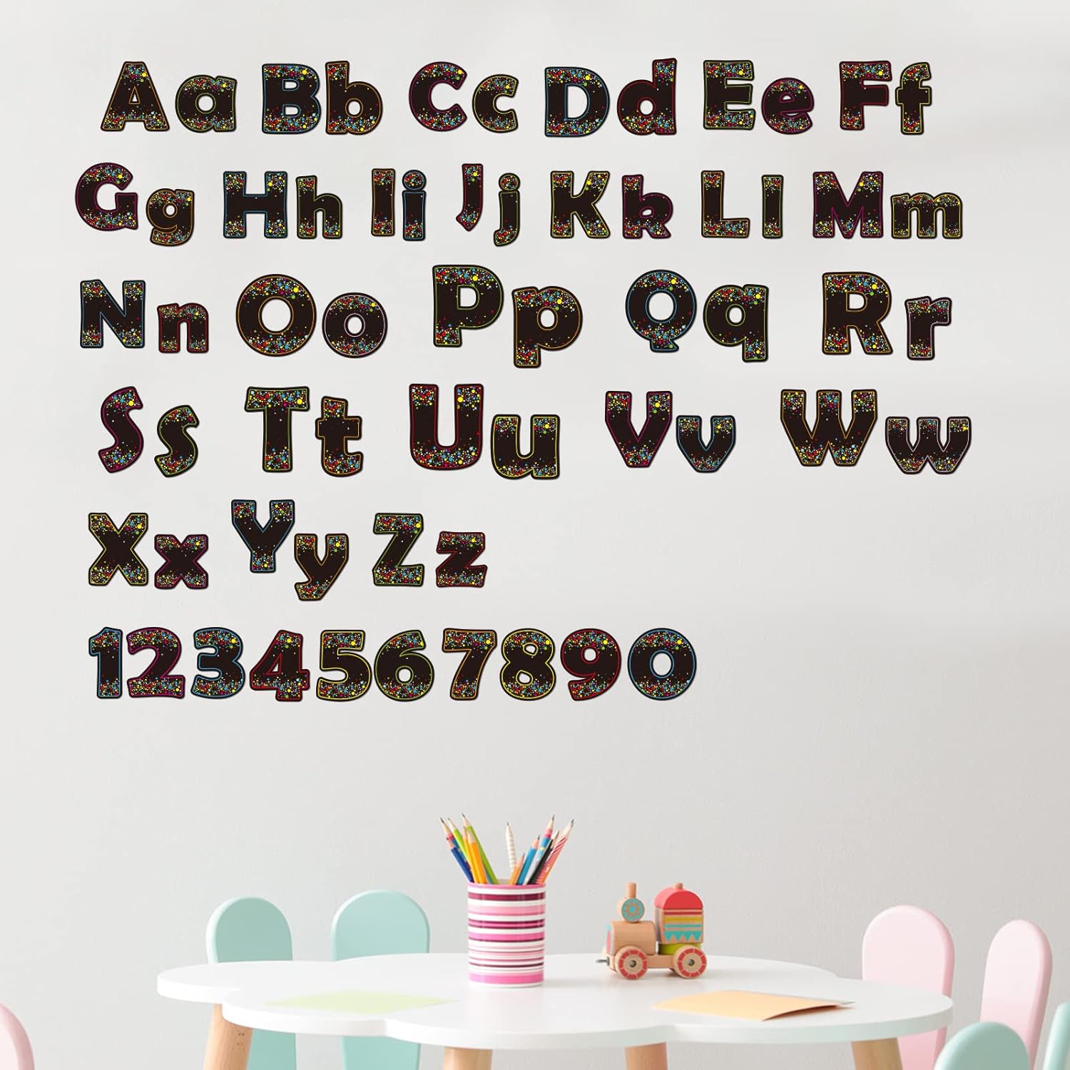 76 Pcs Letters Combo Pack Classroom Black Alphabet Letters Numbers Punctuation & Symbol Colorful Mini Cutouts Alphabet Card for Bulletin Boards Display Board Decor