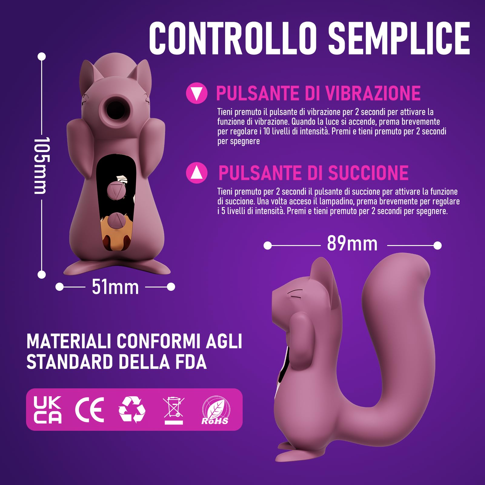 Massaggiatore Intimo Donna a Scoiattolo - Stimolatore Clitorideo con Aspirazione e Vibrazione, Massaggio Intimo con 10 Modalità, Silicone Sicuro, Impermeabile, USB Ricaricabile