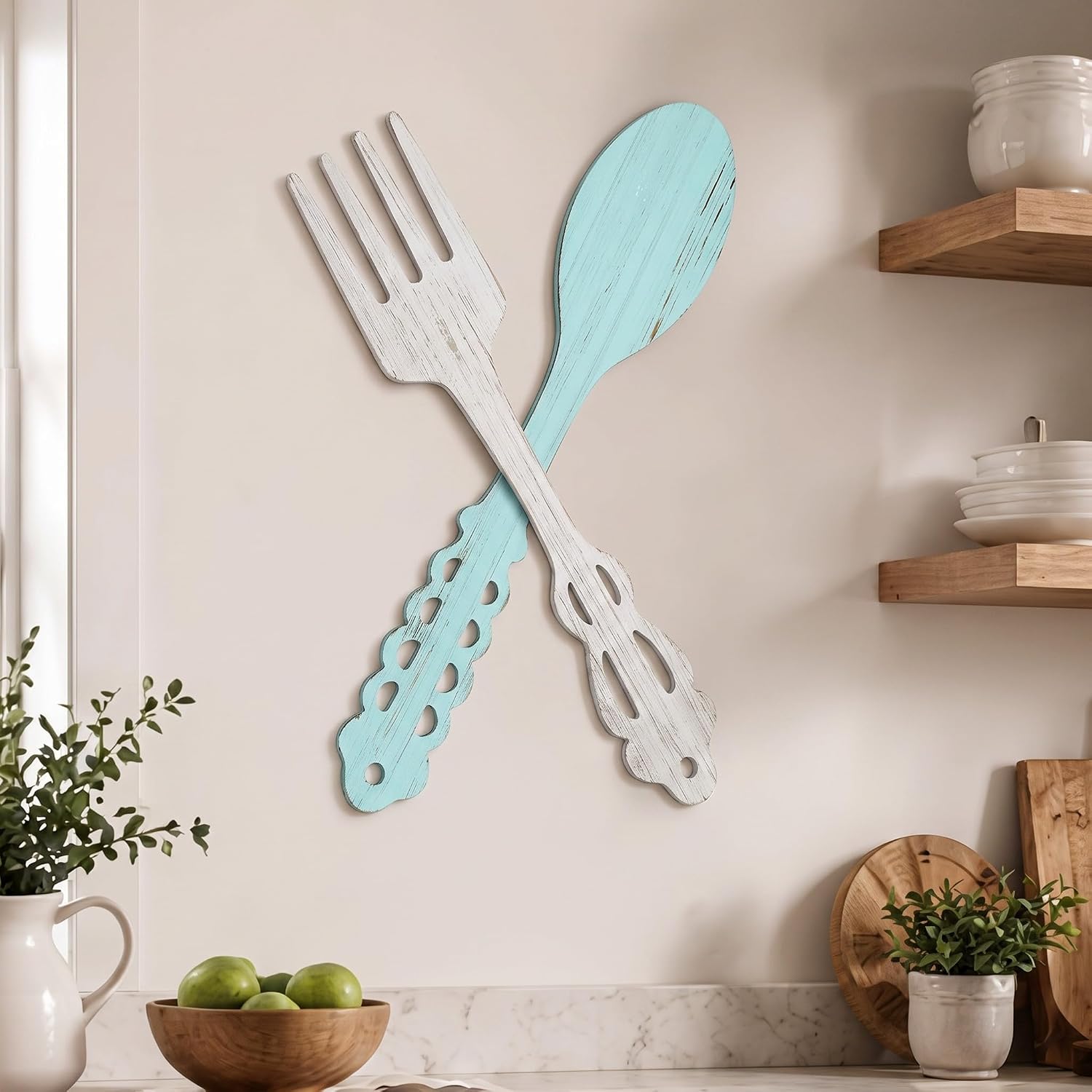 Jetec 2 Pieces Wooden Fork and Spoon Kitchen Wall Decor, Teal, White image 4