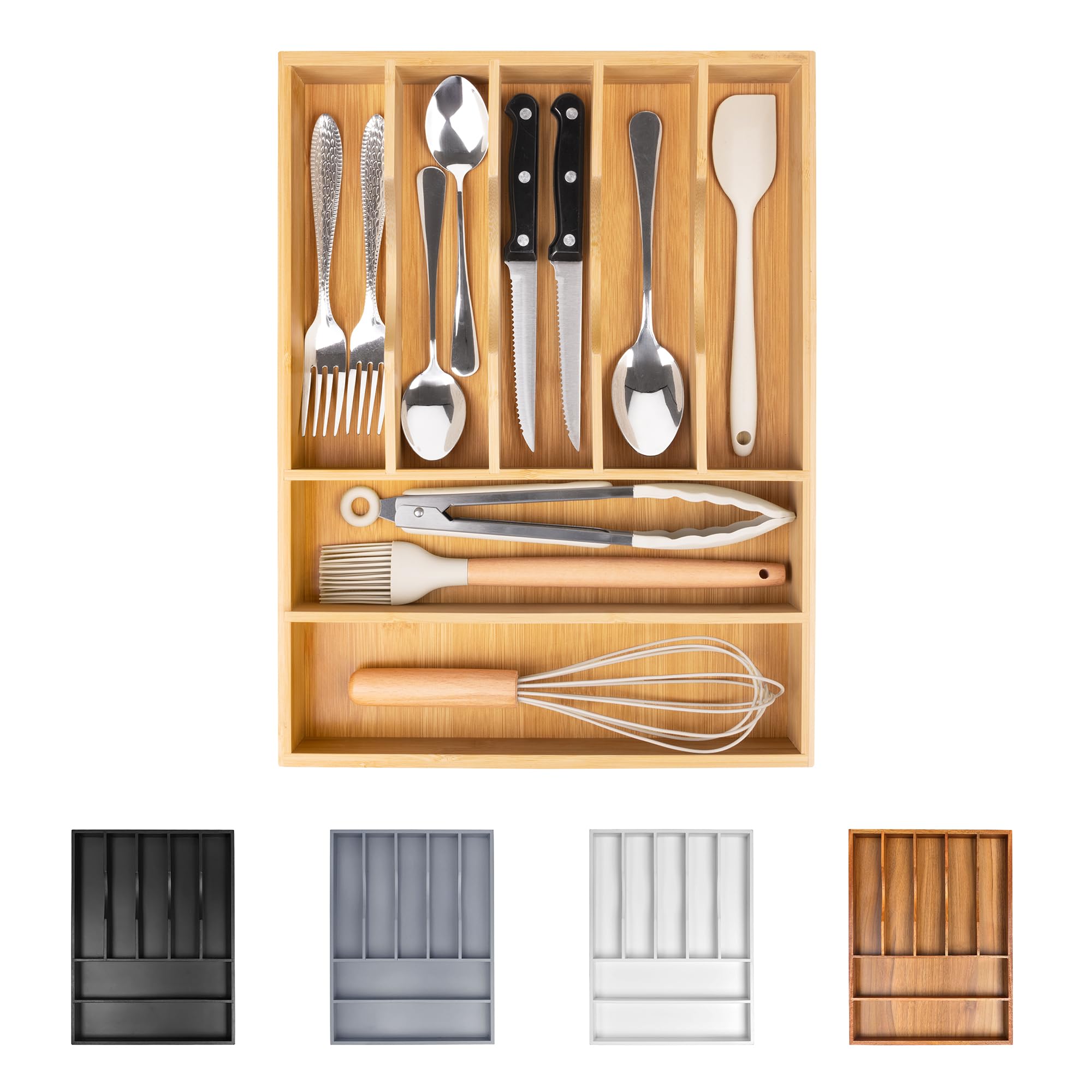 Photo 1 of Bellsal Bamboo Silverware Drawer Organizer, Kitchen Utensil Drawer Organizers, 12"x15.7" Utensils Holder Cutlery Tray with Grooved Drawer Dividers for Kitchen Flatware Bedroom Office(7 Slot, Natural)
